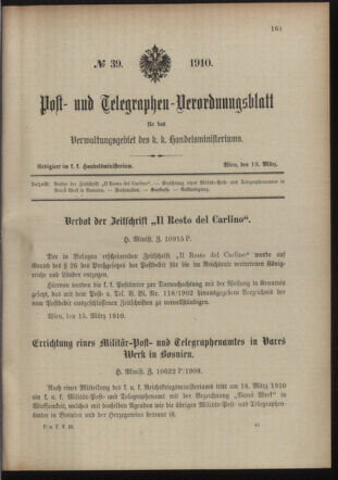 Post- und Telegraphen-Verordnungsblatt für das Verwaltungsgebiet des K.-K. Handelsministeriums 19100319 Seite: 1