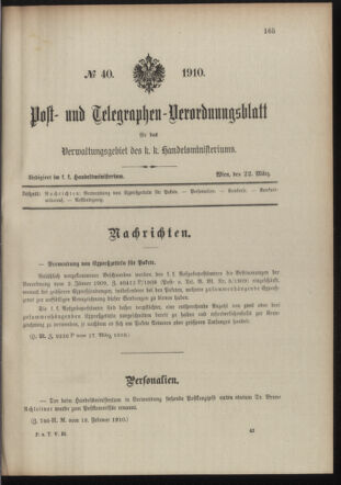 Post- und Telegraphen-Verordnungsblatt für das Verwaltungsgebiet des K.-K. Handelsministeriums 19100322 Seite: 1