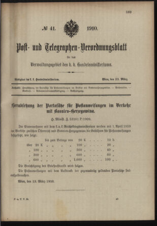 Post- und Telegraphen-Verordnungsblatt für das Verwaltungsgebiet des K.-K. Handelsministeriums 19100323 Seite: 1