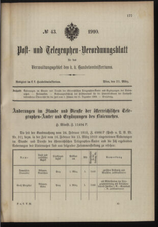 Post- und Telegraphen-Verordnungsblatt für das Verwaltungsgebiet des K.-K. Handelsministeriums 19100331 Seite: 1