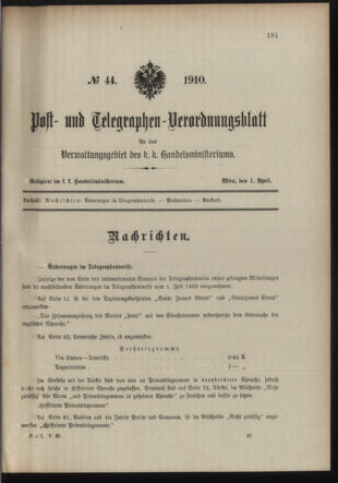 Post- und Telegraphen-Verordnungsblatt für das Verwaltungsgebiet des K.-K. Handelsministeriums 19100401 Seite: 1