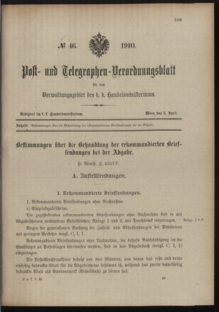 Post- und Telegraphen-Verordnungsblatt für das Verwaltungsgebiet des K.-K. Handelsministeriums 19100405 Seite: 1