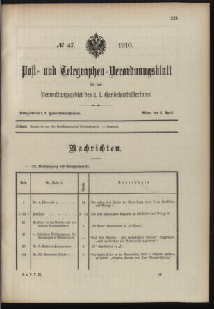 Post- und Telegraphen-Verordnungsblatt für das Verwaltungsgebiet des K.-K. Handelsministeriums 19100406 Seite: 1