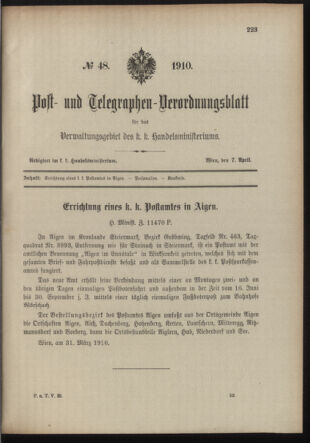 Post- und Telegraphen-Verordnungsblatt für das Verwaltungsgebiet des K.-K. Handelsministeriums 19100407 Seite: 1