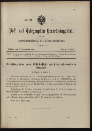 Post- und Telegraphen-Verordnungsblatt für das Verwaltungsgebiet des K.-K. Handelsministeriums 19100408 Seite: 1