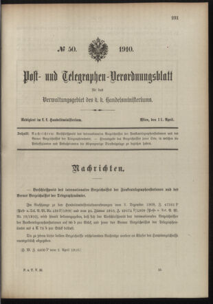 Post- und Telegraphen-Verordnungsblatt für das Verwaltungsgebiet des K.-K. Handelsministeriums 19100411 Seite: 1