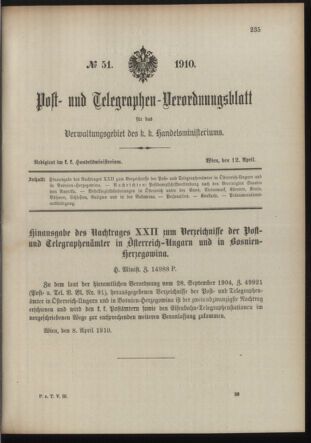 Post- und Telegraphen-Verordnungsblatt für das Verwaltungsgebiet des K.-K. Handelsministeriums 19100412 Seite: 1