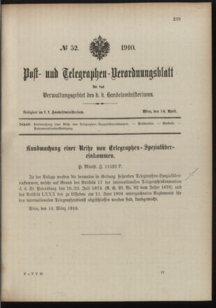 Post- und Telegraphen-Verordnungsblatt für das Verwaltungsgebiet des K.-K. Handelsministeriums