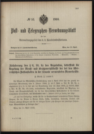 Post- und Telegraphen-Verordnungsblatt für das Verwaltungsgebiet des K.-K. Handelsministeriums 19100415 Seite: 1