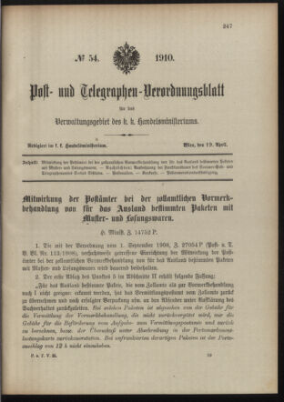 Post- und Telegraphen-Verordnungsblatt für das Verwaltungsgebiet des K.-K. Handelsministeriums 19100419 Seite: 1