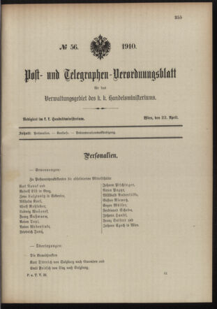 Post- und Telegraphen-Verordnungsblatt für das Verwaltungsgebiet des K.-K. Handelsministeriums 19100422 Seite: 1