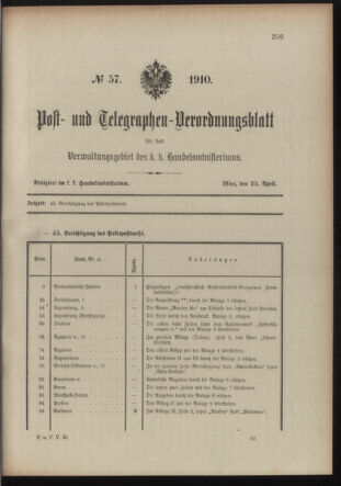 Post- und Telegraphen-Verordnungsblatt für das Verwaltungsgebiet des K.-K. Handelsministeriums 19100425 Seite: 1