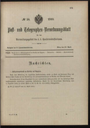 Post- und Telegraphen-Verordnungsblatt für das Verwaltungsgebiet des K.-K. Handelsministeriums