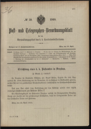 Post- und Telegraphen-Verordnungsblatt für das Verwaltungsgebiet des K.-K. Handelsministeriums 19100430 Seite: 1