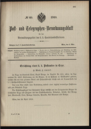 Post- und Telegraphen-Verordnungsblatt für das Verwaltungsgebiet des K.-K. Handelsministeriums 19100502 Seite: 1