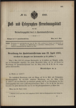 Post- und Telegraphen-Verordnungsblatt für das Verwaltungsgebiet des K.-K. Handelsministeriums 19100504 Seite: 1