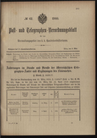 Post- und Telegraphen-Verordnungsblatt für das Verwaltungsgebiet des K.-K. Handelsministeriums 19100506 Seite: 1