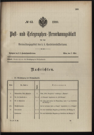 Post- und Telegraphen-Verordnungsblatt für das Verwaltungsgebiet des K.-K. Handelsministeriums 19100507 Seite: 1