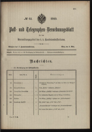 Post- und Telegraphen-Verordnungsblatt für das Verwaltungsgebiet des K.-K. Handelsministeriums 19100509 Seite: 1