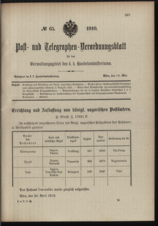 Post- und Telegraphen-Verordnungsblatt für das Verwaltungsgebiet des K.-K. Handelsministeriums 19100510 Seite: 1