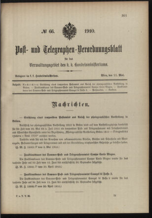 Post- und Telegraphen-Verordnungsblatt für das Verwaltungsgebiet des K.-K. Handelsministeriums 19100511 Seite: 1