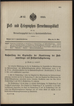 Post- und Telegraphen-Verordnungsblatt für das Verwaltungsgebiet des K.-K. Handelsministeriums 19100512 Seite: 1