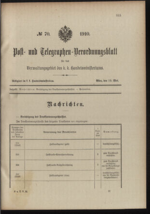 Post- und Telegraphen-Verordnungsblatt für das Verwaltungsgebiet des K.-K. Handelsministeriums 19100519 Seite: 1