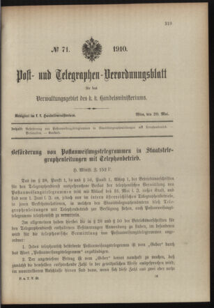 Post- und Telegraphen-Verordnungsblatt für das Verwaltungsgebiet des K.-K. Handelsministeriums 19100520 Seite: 1