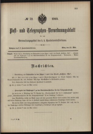 Post- und Telegraphen-Verordnungsblatt für das Verwaltungsgebiet des K.-K. Handelsministeriums 19100521 Seite: 1