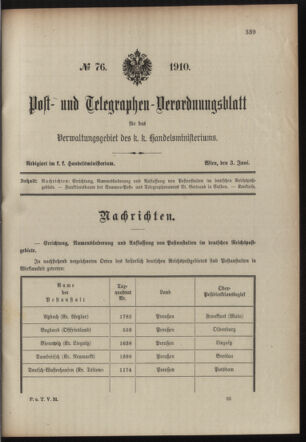 Post- und Telegraphen-Verordnungsblatt für das Verwaltungsgebiet des K.-K. Handelsministeriums 19100603 Seite: 1