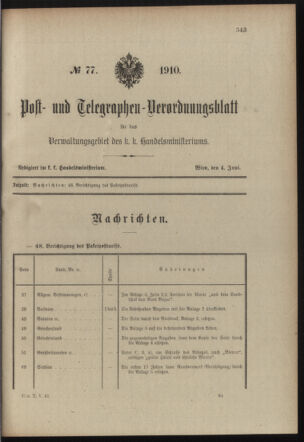 Post- und Telegraphen-Verordnungsblatt für das Verwaltungsgebiet des K.-K. Handelsministeriums 19100604 Seite: 1