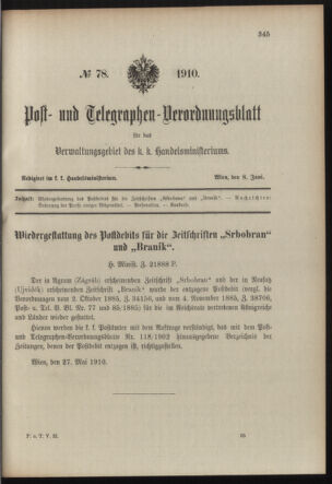 Post- und Telegraphen-Verordnungsblatt für das Verwaltungsgebiet des K.-K. Handelsministeriums 19100608 Seite: 1