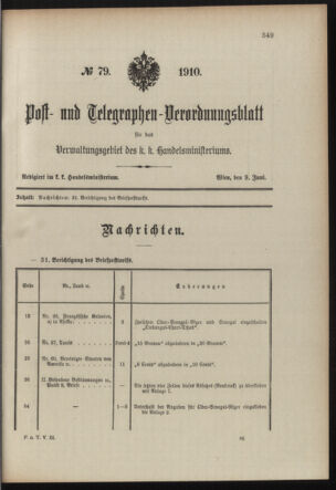 Post- und Telegraphen-Verordnungsblatt für das Verwaltungsgebiet des K.-K. Handelsministeriums 19100609 Seite: 1