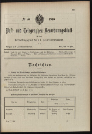 Post- und Telegraphen-Verordnungsblatt für das Verwaltungsgebiet des K.-K. Handelsministeriums 19100610 Seite: 1