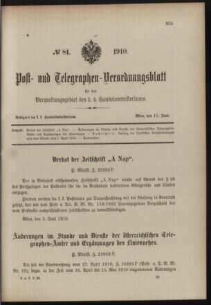 Post- und Telegraphen-Verordnungsblatt für das Verwaltungsgebiet des K.-K. Handelsministeriums 19100611 Seite: 1