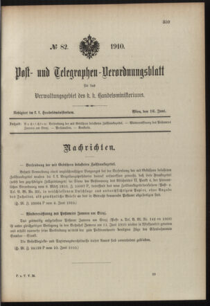 Post- und Telegraphen-Verordnungsblatt für das Verwaltungsgebiet des K.-K. Handelsministeriums 19100616 Seite: 1