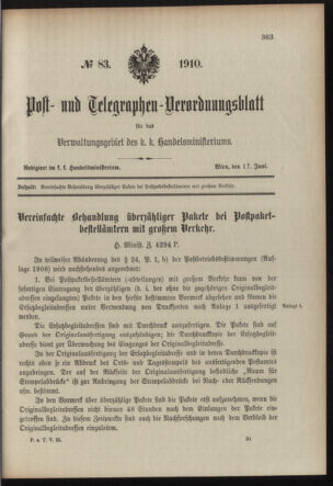 Post- und Telegraphen-Verordnungsblatt für das Verwaltungsgebiet des K.-K. Handelsministeriums 19100617 Seite: 1