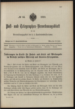 Post- und Telegraphen-Verordnungsblatt für das Verwaltungsgebiet des K.-K. Handelsministeriums 19100618 Seite: 1