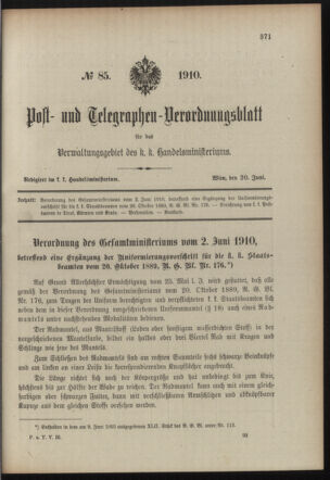 Post- und Telegraphen-Verordnungsblatt für das Verwaltungsgebiet des K.-K. Handelsministeriums 19100620 Seite: 1