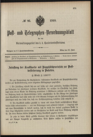 Post- und Telegraphen-Verordnungsblatt für das Verwaltungsgebiet des K.-K. Handelsministeriums 19100621 Seite: 1