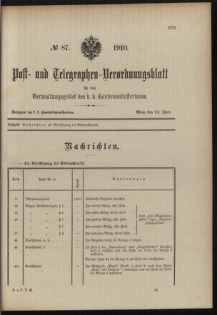 Post- und Telegraphen-Verordnungsblatt für das Verwaltungsgebiet des K.-K. Handelsministeriums 19100623 Seite: 1