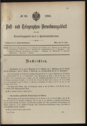 Post- und Telegraphen-Verordnungsblatt für das Verwaltungsgebiet des K.-K. Handelsministeriums