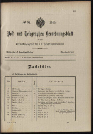 Post- und Telegraphen-Verordnungsblatt für das Verwaltungsgebiet des K.-K. Handelsministeriums 19100702 Seite: 1