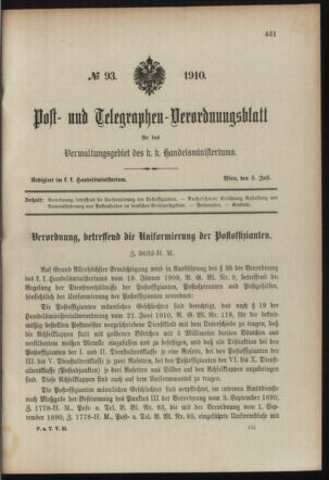 Post- und Telegraphen-Verordnungsblatt für das Verwaltungsgebiet des K.-K. Handelsministeriums 19100705 Seite: 1