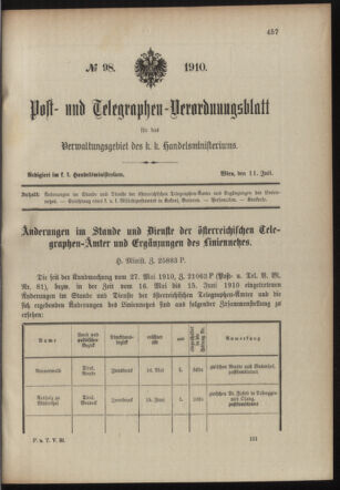 Post- und Telegraphen-Verordnungsblatt für das Verwaltungsgebiet des K.-K. Handelsministeriums 19100711 Seite: 1