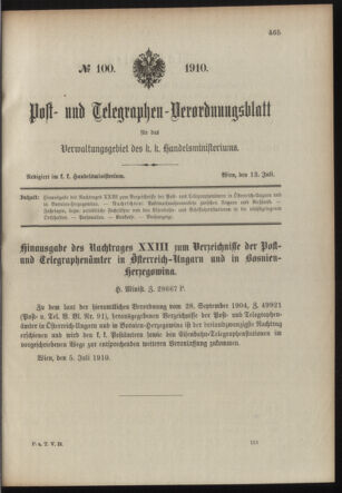 Post- und Telegraphen-Verordnungsblatt für das Verwaltungsgebiet des K.-K. Handelsministeriums 19100713 Seite: 1