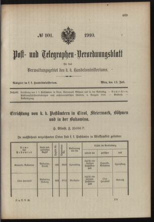 Post- und Telegraphen-Verordnungsblatt für das Verwaltungsgebiet des K.-K. Handelsministeriums 19100713 Seite: 5