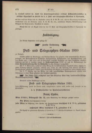 Post- und Telegraphen-Verordnungsblatt für das Verwaltungsgebiet des K.-K. Handelsministeriums 19100713 Seite: 8