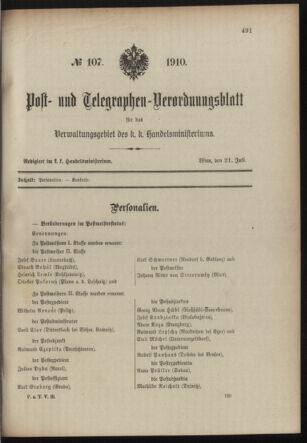 Post- und Telegraphen-Verordnungsblatt für das Verwaltungsgebiet des K.-K. Handelsministeriums 19100721 Seite: 1