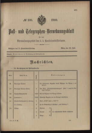 Post- und Telegraphen-Verordnungsblatt für das Verwaltungsgebiet des K.-K. Handelsministeriums 19100722 Seite: 1